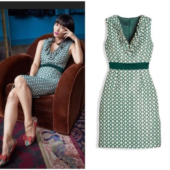 ModCloth x Anna Sui Admiring Eyes green jacquard sheath gold midi dress - Picture 1 of 7